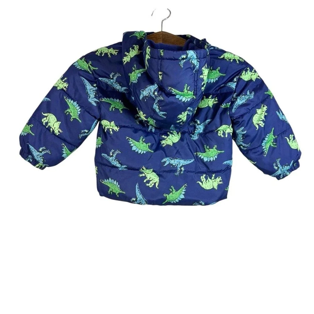 Old Navy Blue Dinosaur Hooded Puffer Jacket Coat Size 3T Fleece Lined Outdoor